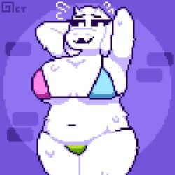 1girls arms_behind_head bikini boss_monster_(undertale) breasts deltarune female_only fur furry goat goat_girl horns huge_breasts mature mature_female milf navel nervous octotron2000 pixel_art plump self_upload skindentation solo solo_female thick_thighs toriel undertale undertale_(series) white_body white_fur wide_hips