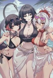 2025 2d 3girls ai_generated bare_shoulders beach black_bra black_hair blue_eyes blue_sky bracelet breast_press cleavage collarbone colored_inner_hair cowboy_shot ellen_joe english_commentary english_text female_only frown hand_on_hip height_difference high_ponytail highres jane_doe_(zenless_zone_zero) large_breasts leaning_forward looking_at_viewer midriff navel necklace ocean open_mouth orange_eyes outdoors palm_tree ponytail red_bikini red_eyes red_hair red_lipstick red_nails sarong shark_tail shiny_skin short_hair sidillusts smile spiked_collar sunglasses_on_head wet white_hair yixuan_(zenless_zone_zero) zenless_zone_zero