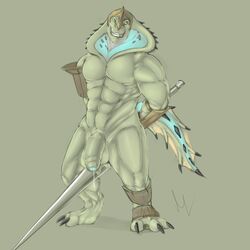 1boy 3_toes abs anthro armor balls biceps big_muscles claws digitigrade fangs flaccid green_eyes hannibus headgear helmet hi_res humanoid_penis ilujanka lance leather male male_only melee_weapon muscular muscular_male nude partially_retracted_foreskin pecs penis precum reptile runescape scalie smile solo standing teeth toe_claws toes uncut velrizoth video_games weapon webbed_feet wood