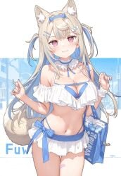 ai_generated animal_ear_fluff animal_ears bag bikini blonde_hair breasts cleavage closed_mouth commentary_request cowboy_shot female frilled_bikini frills fuwawa_abyssgard hair_ornament hairclip highres hololive hololive_english japanese_commentary kaya_(saber9sariel) long_hair looking_at_viewer model_request multicolored_hair navel pink_eyes scrunchie shopping_bag smile solo swimsuit tail two_side_up virtual_youtuber white_bikini