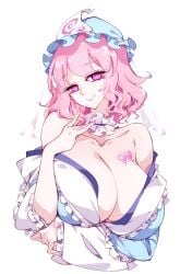 1girls big_breasts breasts cleavage clothed_female hat huge_breasts japanese_clothes light-skinned_female pink_eyes pink_hair raptor7 smile solo solo_female touhou white_background yuyuko_saigyouji