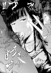 1boy braid cum cum_string fellatio female greyscale highres jitome kurofudo monochrome oral overflow pubic_hair saliva tied_hair v