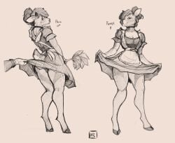 anthro antler_stump backsack balls bottomwear brother_(lore) brother_and_sister_(lore) choker cleaning_tool clothed clothing crossdressing deer duo embarrassed feather_duster female femboy genitals hair hair_bun hi_res honest_radish hooves jewelry maid_uniform male mammal matching_outfits necklace prim_(elamistheman) proper_(elamistheman) raised_bottomwear raised_clothing raised_skirt seductive sibling_(lore) sister_(lore) skirt smile twins_(lore) uniform