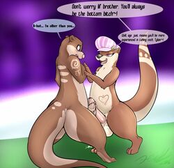 2016 balls berry_ranieri black_nose blush brother brown_fur chest_tuft copyright_request dialogue duo english_text erection eye_contact eyelashes frottage fur futa_is_bigger futanari hat headgear hindpaw incest intersex intersex/male male mammal mustelid otter paws penis_size_comparison penis_size_difference pink_eyes pink_nose precum purple_background purple_eyes seductive semi-anthro sex sibling simple_background sister speech_bubble standing text tuft tylian_ranieri xilrayne