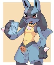 2025 3_fingers anthro balls biped black_inner_ear black_markings blue_balls blue_body blue_fur blue_penis blue_tail border canid canine chest_spike digital_media_(artwork) electronics erection fangs fingers foreskin fur generation_4_pokemon genitals glans gloves_(marking) hand_spike hi_res holding_object holding_phone humanoid_genitalia humanoid_penis lucario male male_anthro mammal markings multicolored_body multicolored_fur multicolored_penis navel neck_tuft nintendo nude nude_anthro nude_male open_mouth open_smile orange_background orange_glans orange_penis partially_retracted_foreskin penis phone pointy_ears pokemon pokemon_(species) pu_sukebe red_eyes retracted_foreskin simple_background smile solo spikes spikes_(anatomy) tail taking_picture teeth tuft two_tone_penis uncircumcised white_border yellow_body yellow_fur