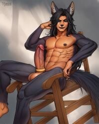 anthro big_penis genitals hair hi_res long_hair male mansilite muscular muscular_male nude penis piercing pinup pose solo