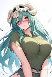 ai_generated bleach blush breasts closed_mouth collarbone dress facial_mark female green_dress green_hair green_shirt hair_between_eyes horns large_breasts long_hair looking_at_viewer nelliel_tu_odelschwanck red_eyes shadowrealmarts shirt short_sleeves simple_background skull smile solo torn_clothes uncensored upper_body white_background