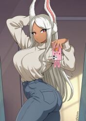 absurdres animal_ears arm_behind_head ass boku_no_hero_academia breasts cellphone dark-skinned_female dark_skin female high-waist_pants highres holding holding_phone large_breasts long_eyelashes long_hair looking_at_viewer mirko mirror miruko my_hero_academia pants parted_bangs phone rabbit_ears rabbit_girl rabbit_tail red_eyes rumi_usagiyama selfie smartphone solo sweater sweater_tucked_in tail theoiledone turtleneck turtleneck_sweater twisted_torso twitter_username very_long_hair white_hair white_sweater