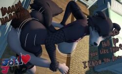 3d_(artwork) absurd_res anthro areola armwear ass ass_on_face beastars big_breasts big_butt breasts brown_hair clothed clothing dialogue digital_media_(artwork) duo female fishnet_armwear fishnet_clothing fishnet_legwear footwear hair head_between_cheeks hi_res high_heels holding_forearm human humanoid joel_(joellovejuno) joellovejuno juno_(beastars) legwear looking_back male male/female mammal nipples partially_clothed self_insert shoes source_filmmaker_(artwork) tail