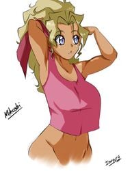 1girls alien alien_girl artist_name blonde_hair blue_eyes bottomless breasts camisole color cropped female female_only inuyuru long_hair mihoshi_kuramitsu nude redbone solo tenchi_muyo! white_background