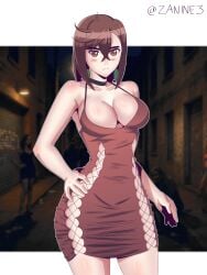 brown_eyes brown_hair curvy dandadan momo_ayase slut slutty slutty_costume slutty_dress street thick_thighs whore whore_eyes whored_out whores