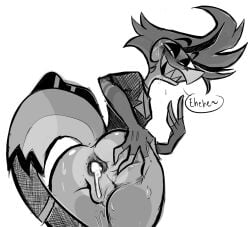 animal_humanoid anthro anus ass balls big_butt bodily_fluids butt_focus butt_grab chaz_(helluva_boss) clothed clothing cum cum_drip cum_in_ass cum_inside dripping fish fish_humanoid genital_fluids genitals hand_on_butt helluva_boss hi_res himejoshimaster humanoid looking_at_viewer looking_back male marine marine_humanoid partially_clothed saliva shark shark_humanoid solo sweat thick_thighs