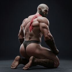 ass bald bald_male beard black_beard god_of_war greek_mythology kratos male male_only muscles muscular muscular_male north_mythology tattoo tattoos thong white_skin