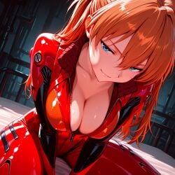 1girls ai_generated asuka_langley_sohryu bed blue_eyes cleavage female in_bed industrial_background medium_breasts neon_genesis_evangelion neopn_genesis_evangelion on_bed orange_hair red_clothing red_costume red_hair seductive seductive_look seductive_smile smile smirk smirking solo solo_female thighs