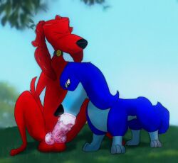 balls big_balls big_penis blue_eyes blurred_background bodily_fluids canid canine canis closed_eyes cum cum_in_mouth cum_inside domestic_dog duo female feral fur genital_fluids genitals hi_res hugo_(ruff_ruff_danger_dogs) khloe_(ruff_ruff_danger_dogs) male male/female mammal narrowed_eyes oral oral_penetration penetration penis red_body red_fur ruff_ruff_danger_dogs udbebu