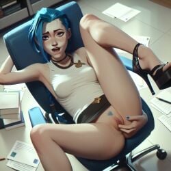 2025 ai_generated anus anus_peek arcane arcane_jinx asshole asshole_peek blue_hair female female_only fingering fingering_self heels hi_res high_heels high_quality jinx_(arcane) jinx_(league_of_legends) lace_panties league_of_legends leg_up legs legs_apart legs_open legs_spread masturbating masturbation office office_chair panties panties_aside pencil_skirt people_in_background pubic_hair pussy pussy_fingering shirt sitting sitting_on_chair skirt smile smiling smiling_at_viewer stable_diffusion straight tagme thighs underwear vagina white_panties white_shirt