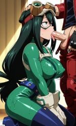 1boy 1girls ai_generated asui_tsuyu blowjob boku_no_hero_academia breasts crossover dante dante_(devil_may_cry) devil_may_cry face fellatio female green_hair hetero_sex male my my_hero_academia sexy sexy_pose straight tsuyu_asui white_hair