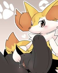 2024 3_fingers anthro biped black_body black_fur blush blush_lines bodily_fluids braixen canid canine cheek_tuft digital_media_(artwork) dipstick_tail eyebrows facial_tuft female female_anthro fingers fur generation_6_pokemon genital_fluids genitals heart_symbol hi_res looking_at_viewer mammal markings multicolored_body multicolored_fur nintendo nude nude_anthro nude_female orange_nose orange_tail_tip outline pointy_ears pokemon pokemon_(species) presenting_vulva pu_sukebe smile solo spread_legs spreading tail tail_markings thin_eyebrows tuft vaginal_fluid_string vaginal_fluids vulva white_body white_fur white_outline yellow_body yellow_fur yellow_tail