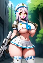 1girls adapted_costume ai_generated areola areolae battle_bimbo big_ass big_breasts bimbo bimbo_lips bimbofication bimbofied cameltoe choker city collarbone crop_top eyeshadow female glasses gloves goddess_of_victory:_nikke green_eyes gun hat holding holding_object holding_weapon huge_ass huge_breasts lipstick looking_to_the_side makeup medium_hair midriff navel neon_(nikke) novelai outside outside_sex overgrown pleated_skirt puckered_lips rifle ruins sailor_collar sailor_uniform searching short_skirt short_sleeves shoulder_strap sidelocks silver_hair skindentation solo solo_female tgm101_(artist) thick_lips thick_thighs thighhighs thin_waist thong three-quarter_view underboob weapon wide_hips