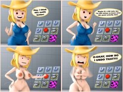 1girls 3d 3d_(artwork) big_breasts big_butt big_thighs blonde_female blonde_hair clothing comic cover covered_nipples covering_breasts cowboy_hat disappearing_clothes ear_piercing earrings english_text female looking_at_viewer naked nude nude_female savannahxyz sfm shame shocked shocked_expression star_earrings thick thick_ass thick_thighs whiteweasel youtube youtuber