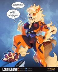 after_transformation anthro arcanine big_breasts big_feet blonde_hair breasts canid claws clothing dialogue fangs feet female fur generation_1_pokemon genitals hair hands_on_hips hi_res lordburqan mammal muscular muscular_anthro muscular_female nintendo officer_jenny orange_body orange_fur pawpads pokemon pokemon_(species) police police_officer pose pussy sharp_teeth solo speech_bubble tail teeth toe_claws torn_clothing vulva