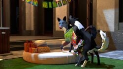 absurd_res all_fours balls birthday bite canid canine canis clothed clothing digital_media_(artwork) doggy_style dress duo female feral from_behind_position fur genitals hi_res kaerf_(kaerfflow) kaerfflow looking_at_viewer male male/female male_penetrating mammal mav_(maverick_wolf) neck_bite nude penetration sex tail text wolf