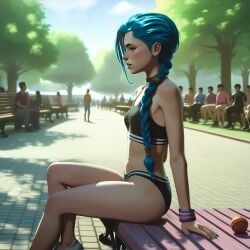 2025 ai_generated arcane arcane_jinx bench blue_hair bra breasts female hi_res high_quality jinx_(arcane) jinx_(league_of_legends) league_of_legends legs panties park park_bench people_in_background sitting sitting_on_chair sneakers sports_bra sports_panties stable_diffusion straight sweat tagme thighs underwear
