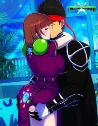 armor ass ass_grab bedroom black_hair canon_couple cape closed_eyes dominant_male dress eyeliner female headband hi_res hugging jewelry kissing light-skinned_female logo mature mature_female mature_male mayethikayian_(species)_(the_legendary_tauran'creima) museala_musaileimoreila_(the_legendary_tauran'creima) night original original_characters pale-skinned_female sacredcourage serenity_addlebeen_(the_legendary_tauran'creima) shoulder_pads sky starry_sky stars submissive_female the_legendary_tauran'creima thick_thighs watermark white_skin