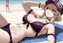 1girls ai_generated beach bikini blonde_female blonde_hair blue_eyes breasts coco_(code_vein) code_vein female hat large_breasts lying purple_bikini purple_hat