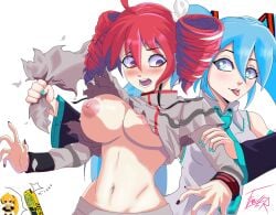 2d 2d_(artwork) 3girls ahoge akita_neru areolae belly big_breasts blue_eyes blue_hair blush blush breasts breasts_out curvy curvy_female curvy_figure detached_sleeves exposed_belly exposed_breasts exposed_midriff exposed_torso female female_only freckles freckles_on_breasts hair_ornament hairbow hatsune_miku huge_breasts kasane_teto kasane_teto_(sv) large_breasts nail_polish navel necktie nipples no_bra painted_nails red_nails ripped_clothing slim_waist synthesizer_v toned_stomach torn_clothes torn_clothing twin_drills twintails utau vocaloid white_background