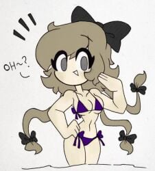 1girls bikini blonde_hair blush blushing_female bow breasts dialogue eyelashes female female_only glitch_productions grey_eyes hairbow hand_on_hip hips murder_drones solo solo_female tessa_elliot unknown_artist water