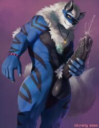 anthro arcanine balls big_balls big_penis bitfang black_body black_penis blue_body bodily_fluids bracelet claws cum ejaculation eyewear finger_claws foreskin generation_1_pokemon genital_fluids genitals glasses hi_res holding_penis huge_cock humanoid_genitalia humanoid_penis jewelry male muscular muscular_anthro muscular_male necklace nintendo nude nude_anthro nude_male penis pink_background pokemon pokemon_(species) pubes purple_background simple_background solo standing tail wearing_glasses