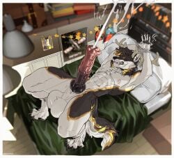 animal_genitalia animal_penis anthro antlers arms_above_head balls bed bedroom big_balls big_penis bodily_fluids border bound canid canine canis closed_eyes cum cumshot detailed_background ejaculation equine_genitalia equine_penis fangs fur furniture genital_fluids genitals hands-free hands_tied horn hybrid_genitalia hybrid_penis knot knotted_equine_penis knotted_penis lying male mammal muscular muscular_anthro muscular_male nipples nude nude_anthro nude_male on_back on_bed orgasm penis pillow solo tail teeth totsaarkonn white_body white_border white_fur wolf