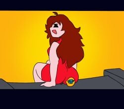 1boy 1girls ass_focus background big_ass boyfriend_(friday_night_funkin) brown_hair buttcrush comic continuation_at_source friday_night_funkin giantess giantesseddi girlfriend_(friday_night_funkin) long_hair looking_down_at_partner red_clothing sitting skirt struggling stuck tiny