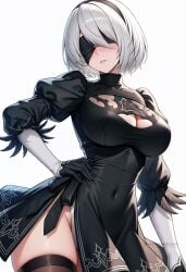 2b_(nier:automata) ai_generated black_blindfold black_dress black_gloves black_hairband black_thighhighs blindfold blush breasts cleavage cleavage_cutout clothing_cutout covered_eyes covered_navel dress feather-trimmed_sleeves feather_trim female gloves hairband hand_on_own_hip juliet_sleeves large_breasts long_sleeves mole mole_under_mouth puffy_sleeves shadowrealmarts short_hair simple_background solo thighhighs thighs uncensored white_background white_hair