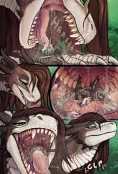 abbie_(heckineatcha) acidic anthro balls bodily_fluids brown_body brown_eyes brown_hair brown_horn brown_scales cheek_spikes cid_(acidic) comic domestic_cat dragon duo facial_spikes felid feline felis female fur genitals green_eyes grey_body grey_fur hair head_tuft hi_res horn in_mouth male mammal mouth_shot mythological_creature mythological_scalie mythology narrowed_eyes nude open_mouth oral_vore outside saliva saliva_on_tongue saliva_string scales scalie spikes spikes_(anatomy) tuft vore white_body white_fur white_scales