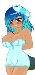 blue_hair blue_latex breasts breasts_focus brown_eyes brown_skin digital_art dinosaur dinosaur_girl gacha gacha_club gacha_heat gacha_life looking_at_viewer reptile reptile_girl reptile_humanoid reptile_tail rexy_(team_heroes) smiling_at_viewer team_heroes_(gacha_club)