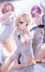 4girls :d ass assam barefoot bed_sheet blonde_hair blue_eyes blush blush_stickers bow braid breasts brown_eyes cleavage curtains cute_fang darjeeling embarrassed from_behind girls_und_panzer gizensha hair_ribbon hairbow highres long_hair looking_at_viewer multiple_girls necktie no_bra off_shoulder open_clothes open_mouth open_shirt orange_hair orange_pekoe panties purple_hair ribbon rosehip shiny shiny_skin shirt short_hair sideboob smile squatting sunlight tied_hair underwear white_panties white_shirt window