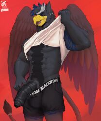 alyxavian anthro avian beak big_penis biped black_body black_feathers black_penis body_hair bottomwear bottomwear_down bulge clothed clothing clothing_lift ear_piercing ear_ring feathered_wings feathers foreskin front_view genitals gryphon happy_trail hi_res humanoid_genitalia humanoid_penis male medial_ring muscular muscular_anthro muscular_male mythological_avian mythological_creature mythology open_mouth partially_clothed penis piercing ring_piercing shirt shirt_lift shorts shorts_down solo tail tail_tuft tank_top thick_penis topwear tuft wings