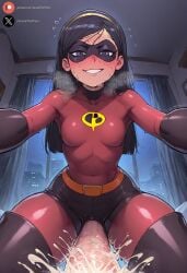 ai_generated balls big_penis black_hair blowjob blush clothing cock cum dickgirl disney futa_only futadom futanari huge_cock indoors light-skinned_futanari light_skin long_hair medium_breasts penis pixar pov precum purple_eyes roxygtf sweat sweating sweaty_body taker_pov the_incredibles violet_parr