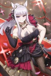 1girls animal_ears asymmetrical_gloves bare_shoulders black_dress black_gloves blunt_bangs blush breasts brown_pantyhose burnt_green_tea commentary dress ear_ornament elbow_gloves english_commentary evening_gown female gloves gold_ship_(la_mode_564)_(umamusume) gold_ship_(umamusume) grey_hair grin highres horse_ears horse_girl horse_tail jewelry lace lace_gloves long_hair looking_at_viewer necklace official_alternate_costume official_alternate_hairstyle open_mouth pantyhose ponytail purple_eyes red_carpet single_bare_shoulder smile solo tail teeth umamusume uneven_gloves