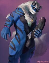 anthro arcanine balls big_balls big_penis bitfang black_body black_penis blue_body bodily_fluids bracelet claws cum eyewear finger_claws foreskin generation_1_pokemon genital_fluids genitals glasses hi_res holding_penis huge_cock humanoid_genitalia humanoid_penis jewelry male muscular muscular_anthro muscular_male necklace nintendo nude_anthro nude_male penile penis pink_background pokemon pokemon_(species) pubes purple_background simple_background solo standing tail wearing_glasses