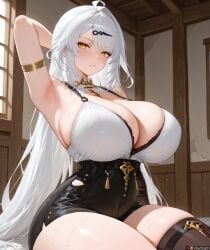 1girls ai_generated armlet armpit_fetish armpits arms_behind_back arms_behind_head arms_up armwear asymmetrical_gloves bangs big_breasts big_nipples black_elbow_gloves black_gloves black_legwear black_short_shorts black_shorts black_thighhighs blush breasts breasts_bigger_than_head breasts_out curvaceous curvy elbow_gloves exposed_breasts female fingerless_gloves gigantic_breasts gloves gray_hair grey_hair hair_intakes high-waist_shorts hoyoverse huge_ass huge_breasts huge_nipples large_breasts light-skinned_female looking_at_viewer mihoyo milf pink_nipples shiny shiny_skin shorts silver_hair single_thighhigh sitting sleeveless sleeveless_shirt solo sweat thick_thighs thigh_strap thighhighs thighs vladvath voluptuous white_hair wide_hips yellow_eyes yixuan_(zenless_zone_zero) yunkui_summit zenless_zone_zero