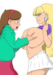 2girls 47k alternate_breast_size belly big_breasts blonde_hair blue_eyes blush breast_envy breast_fondling breast_grab breast_hold breast_squeeze breasts brown_eyes brown_hair brunette clothed color crop_top disney disney_channel earrings eyebrows eyebrows_visible_through_hair eyeshadow female female_only gravity_falls green_shirt green_sweater hair hairband heart heart-shaped_pupils hi_res high_resolution highres huge_breasts human large_breasts light-skinned_female light_skin long_hair mabel_pines midriff miniskirt navel navel_piercing open_mouth pacifica_northwest pink_skirt plain_background purple_eyeshadow purple_shirt shirt_lift side_view skirt smirk smug straight_hair surprised sweater white_background white_shirt yuri