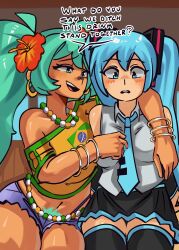 2girls arm_behind_neck assertive assertive_female background blue_eyes blue_hair blush bracelet brazilian_flag brazilian_miku breasts busty_female crop_top curvy_female cyan_hair cyan_pubic_hair dark-skinned_female english_text female flirting flower_in_hair green_eyes hand_on_breast hatsune_miku headphones in_public legs legwear light-skinned_female more_at_source moxydraws moxydrawsmore necklace pubes removing_clothing selfcest shorts skirt tan_body text thighhighs tie touching_breast white_clothing yellow_clothing yuri