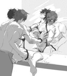 2boys black_hair_bottom childe_(genshin_impact) gay gay_male genshin_impact grope groping groping_from_behind groping_pecs lingerie male male/male male_in_lingerie mirror sex tartaglia_(genshin_impact) yaoi zhongli_(genshin_impact)