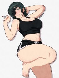 black_hair chainsaw_man cigarette eyepatch feet himeno_(chainsaw_man) shorts tank_top