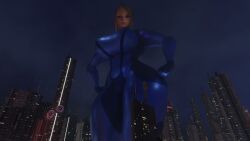 1girls ass big big_ass big_breasts blonde_hair breasts building city female focus front_view giant giantess hair huge_boobs huge_breasts laying light light-skinned long looking macro mega metroid micro on only ponytail samus_aran scrag_boy scrag_samus side skin suit thick thigh thighs zero_suit_samus