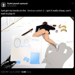 2boys ass banana bottomless bubble_butt funny gintama humor katsura_kotarou kondou_isao male male_only meme mosaic_censoring on_ground police_officer police_uniform seal_strawberry shinsengumi_(gintama) tan_skin tweet