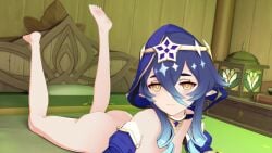 animated ass bed blue_hair elf feet feet_up genshin_impact gradient_hair hair_between_eyes kitsunevixen layla_(genshin_impact) legs_up lying lying_on_stomach no_sound on_bed pointy_ears smile tagme video yellow_eyes